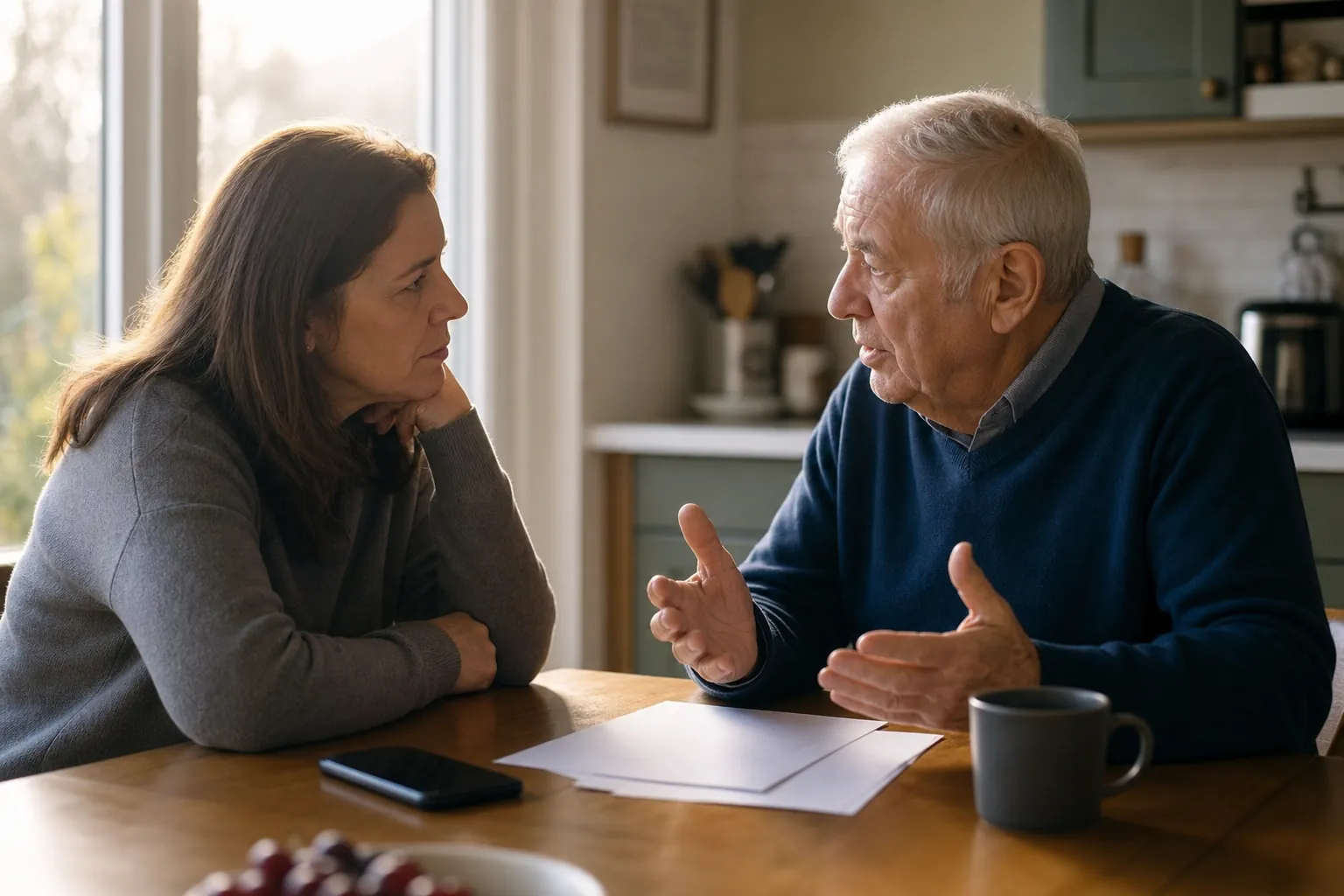 Adult daughter and elderly father sitting at a kitchen table during a serious planning conversation