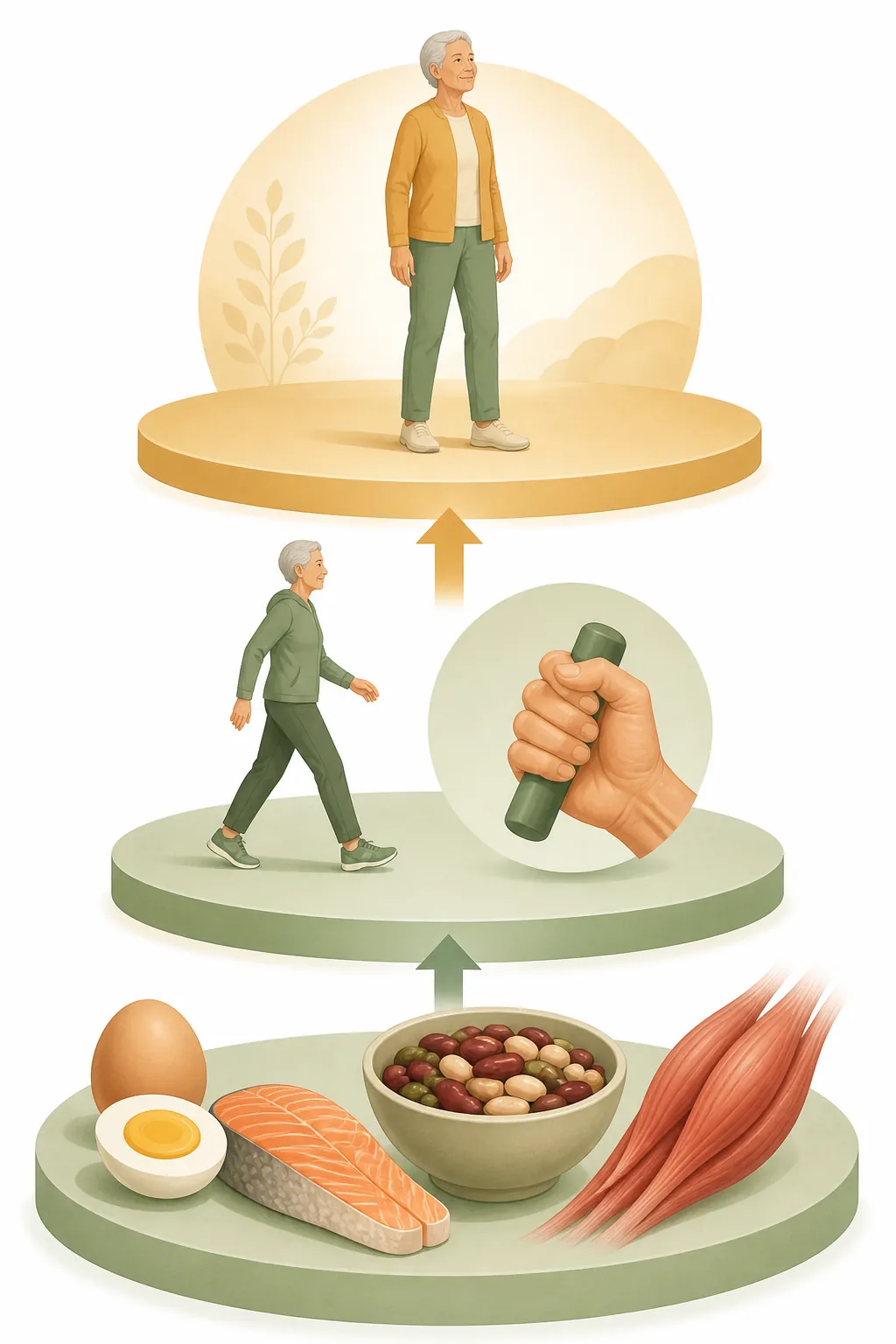 Illustration of an evidence chain from protein-rich foods to muscle, function, and standing stability
