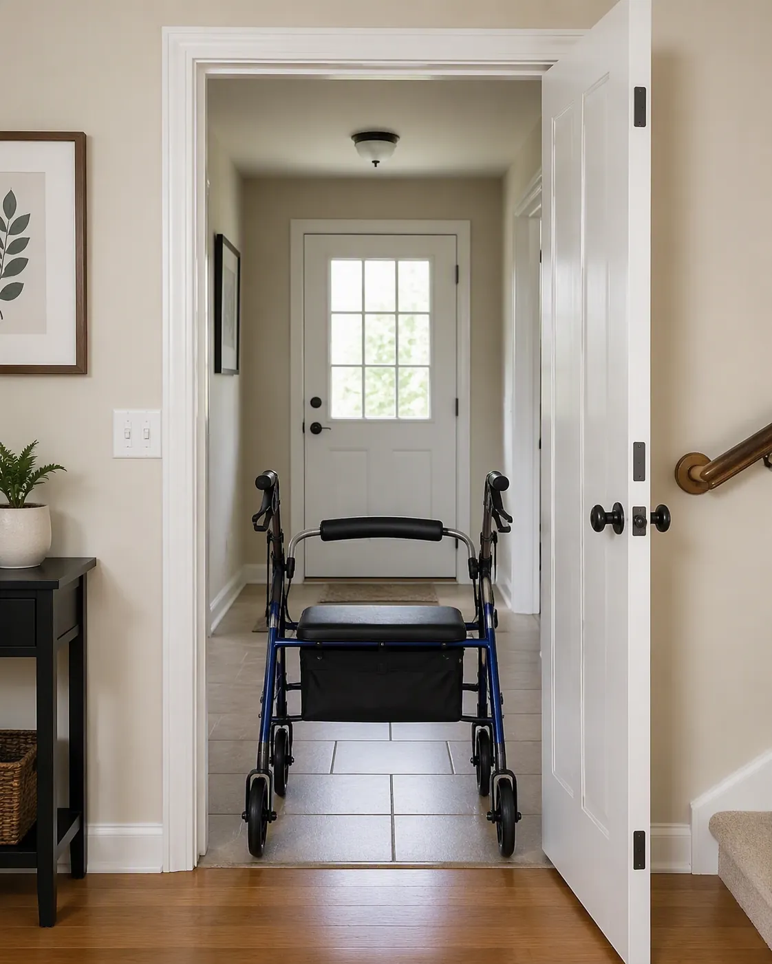 Four-wheeled walker positioned in an open home exit doorway to check clearance