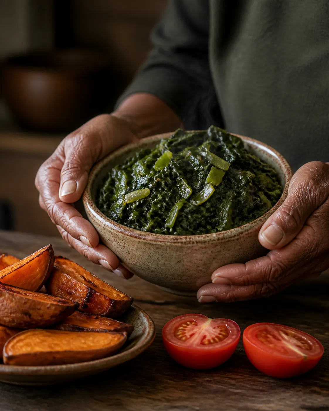 Older hands holding a bowl of steamed dark leafy greens with sweet potatoes and tomatoes nearby