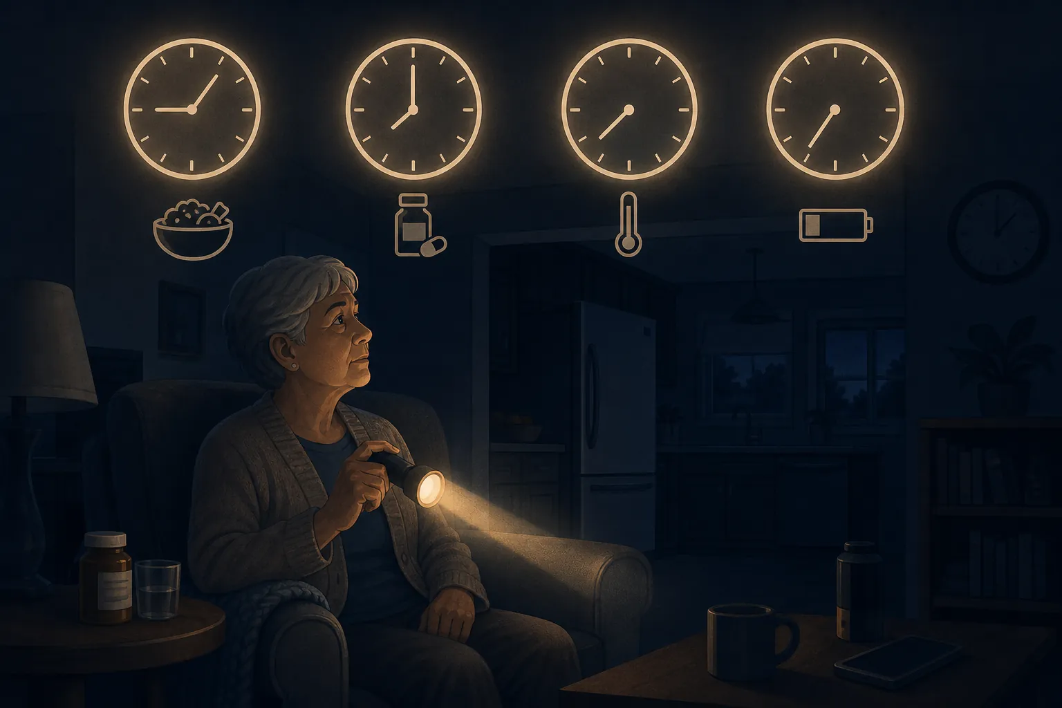 Older adult sitting with a flashlight during a nighttime power outage, with a refrigerator, medication, wall clock, and four countdown clocks in the room