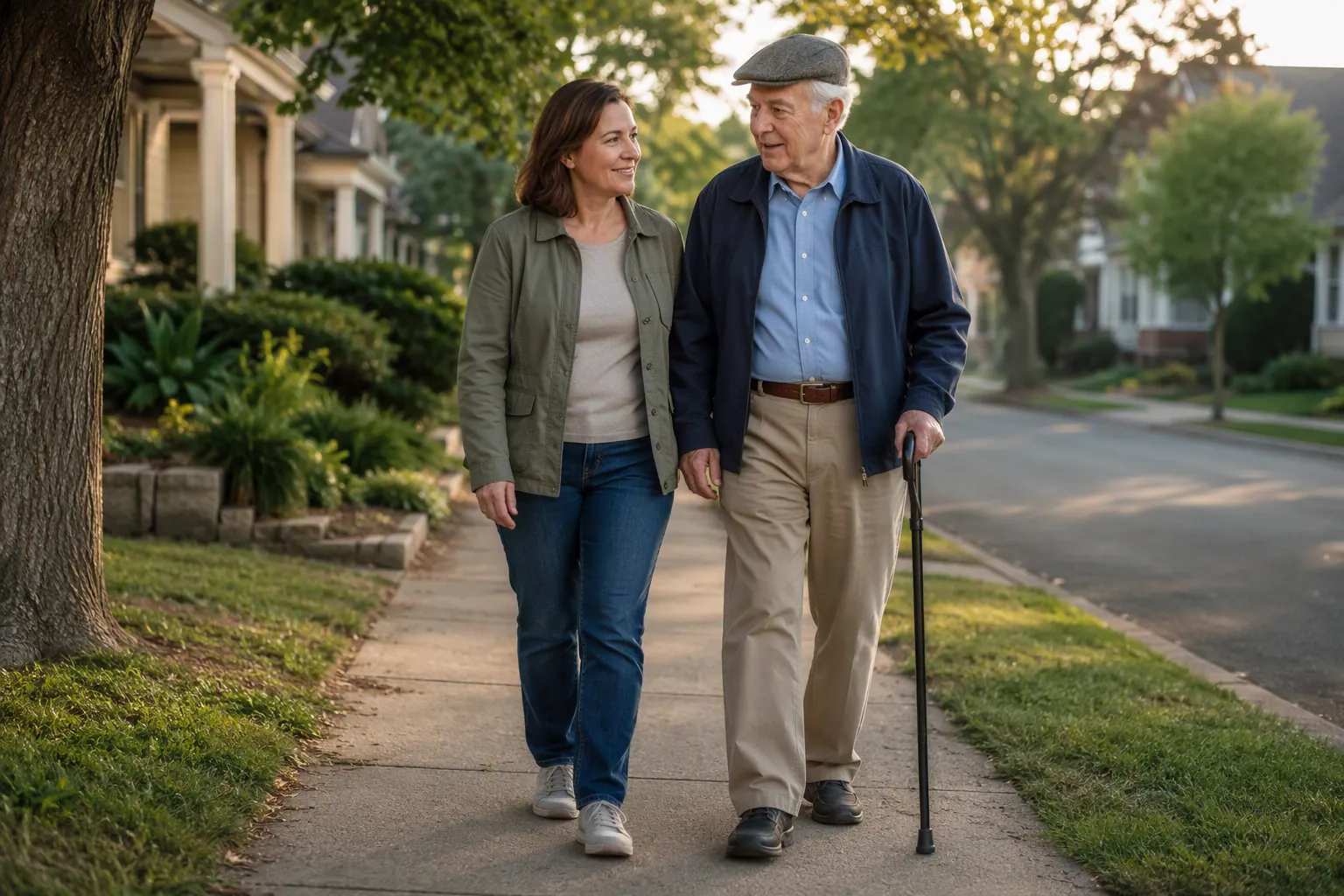 Middle-aged daughter walking beside her elderly father with a cane on a residential sidewalk