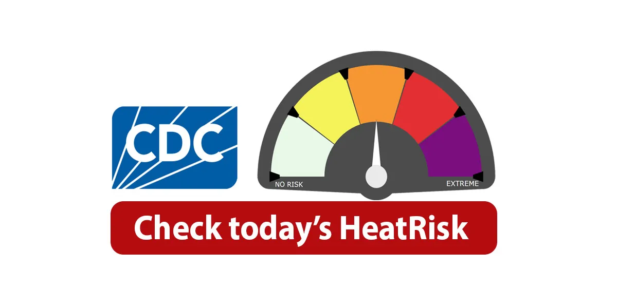 CDC HeatRisk dashboard with a color-coded map of heat risk levels across the United States