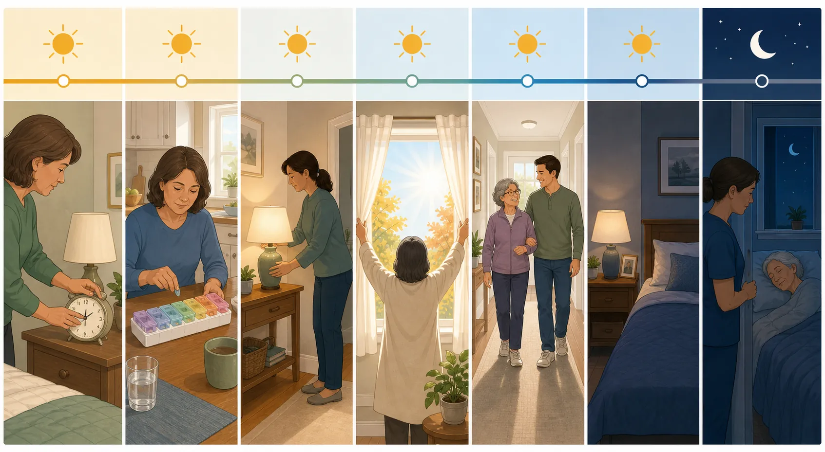 Seven-day timeline showing bedtime adjustment, pill organizer check, hallway lighting, morning sunlight, and first-week monitoring