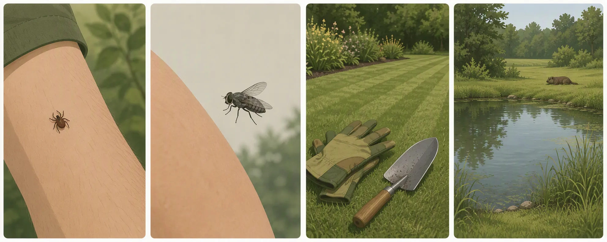 Illustration of tularemia exposure routes including a tick, deer fly, gardening tools, untreated water, and a wild animal in grass