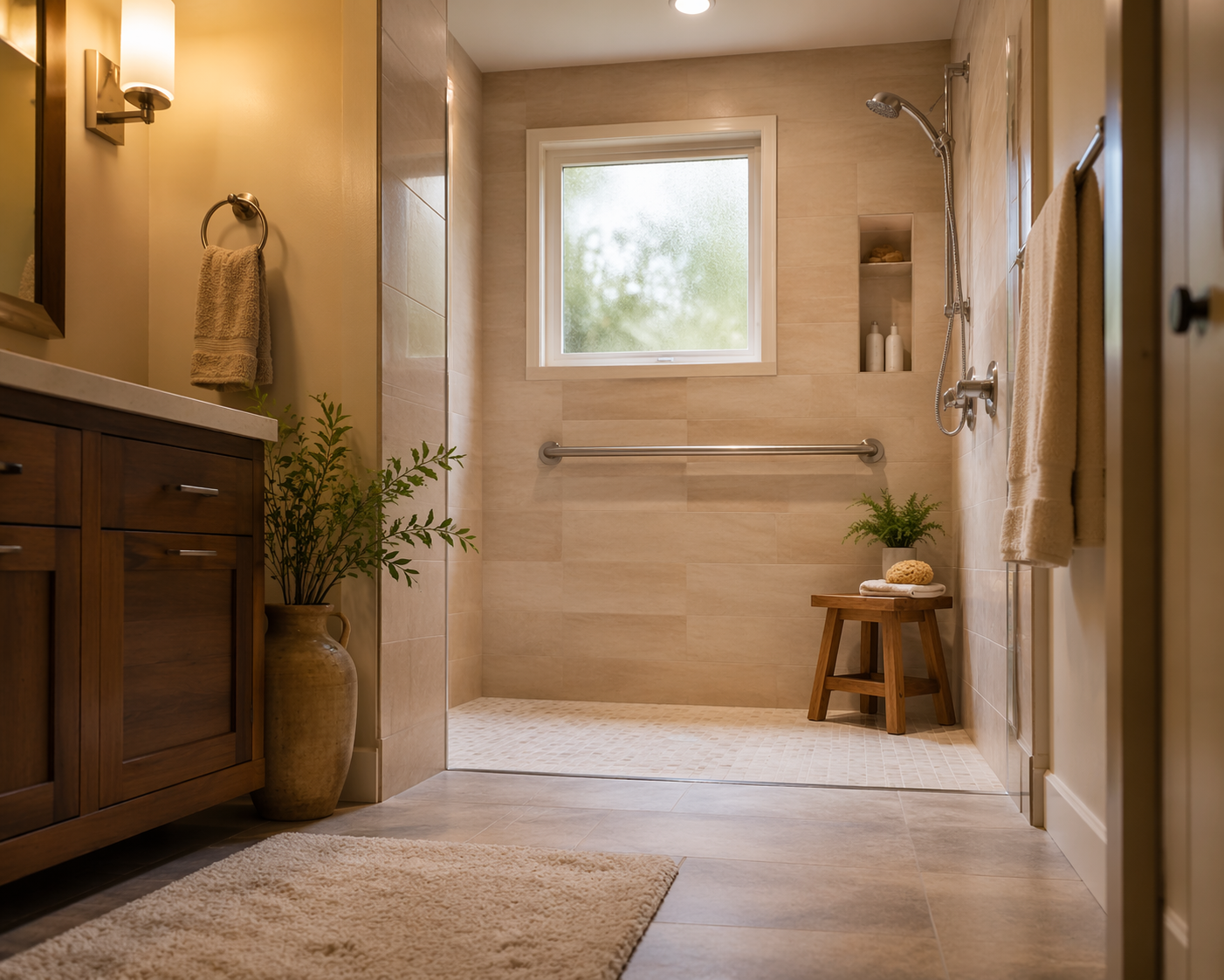 Warm bathroom with a low-curb walk-in shower, grab bar, natural light, and non-slip flooring