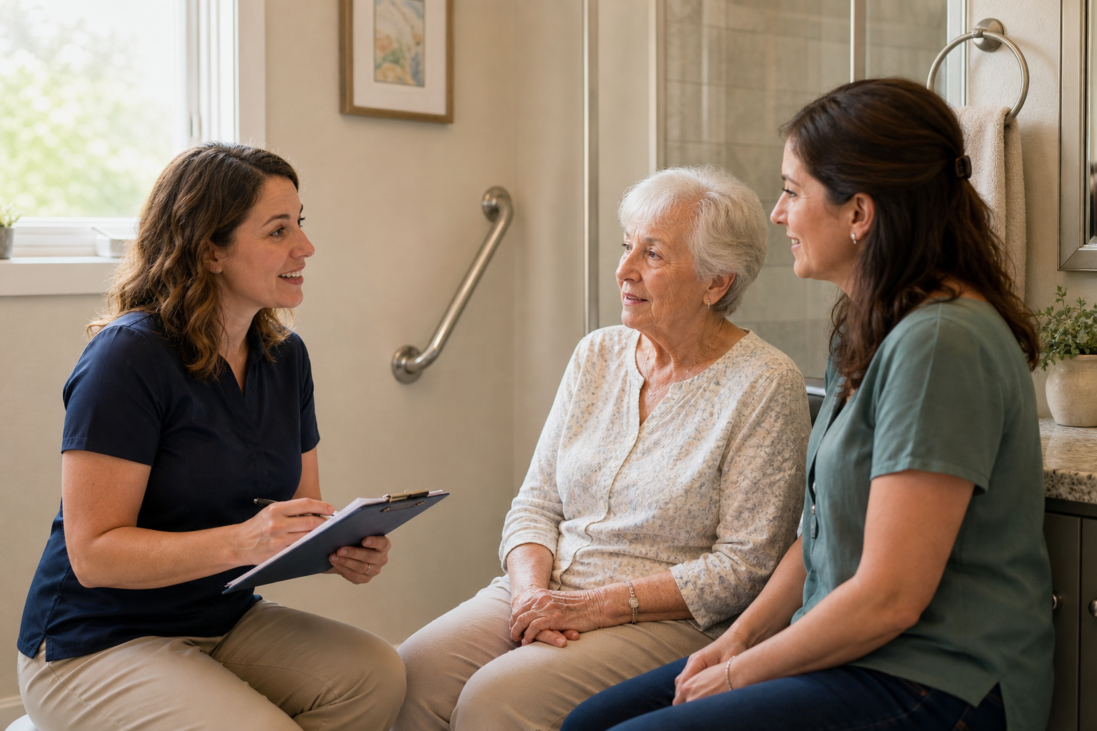 A home modification specialist with a clipboard discusses bathroom safety changes with an elderly woman and her adult daughter, with a grab bar visible on the wall behind them.