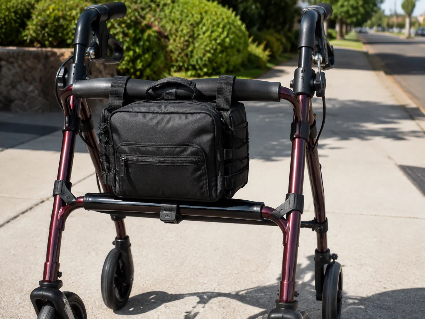 Rolling walker on a dry sidewalk with a compact weather-resistant go-bag strapped to its frame