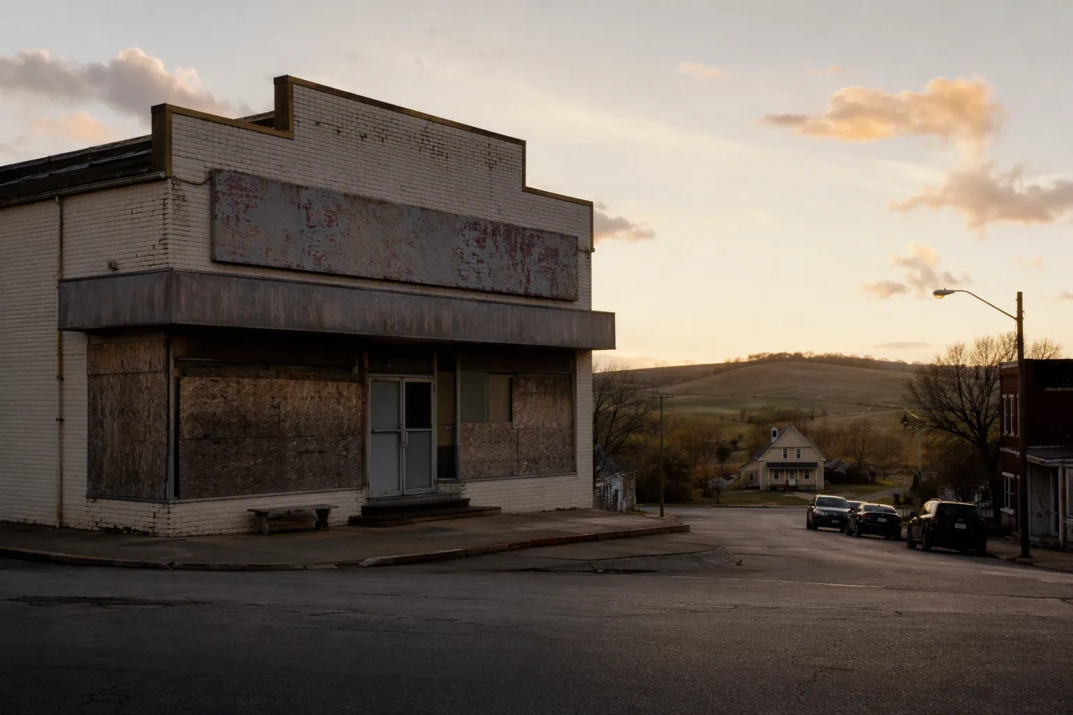 A shuttered rural grocery store on a quiet small-town main street