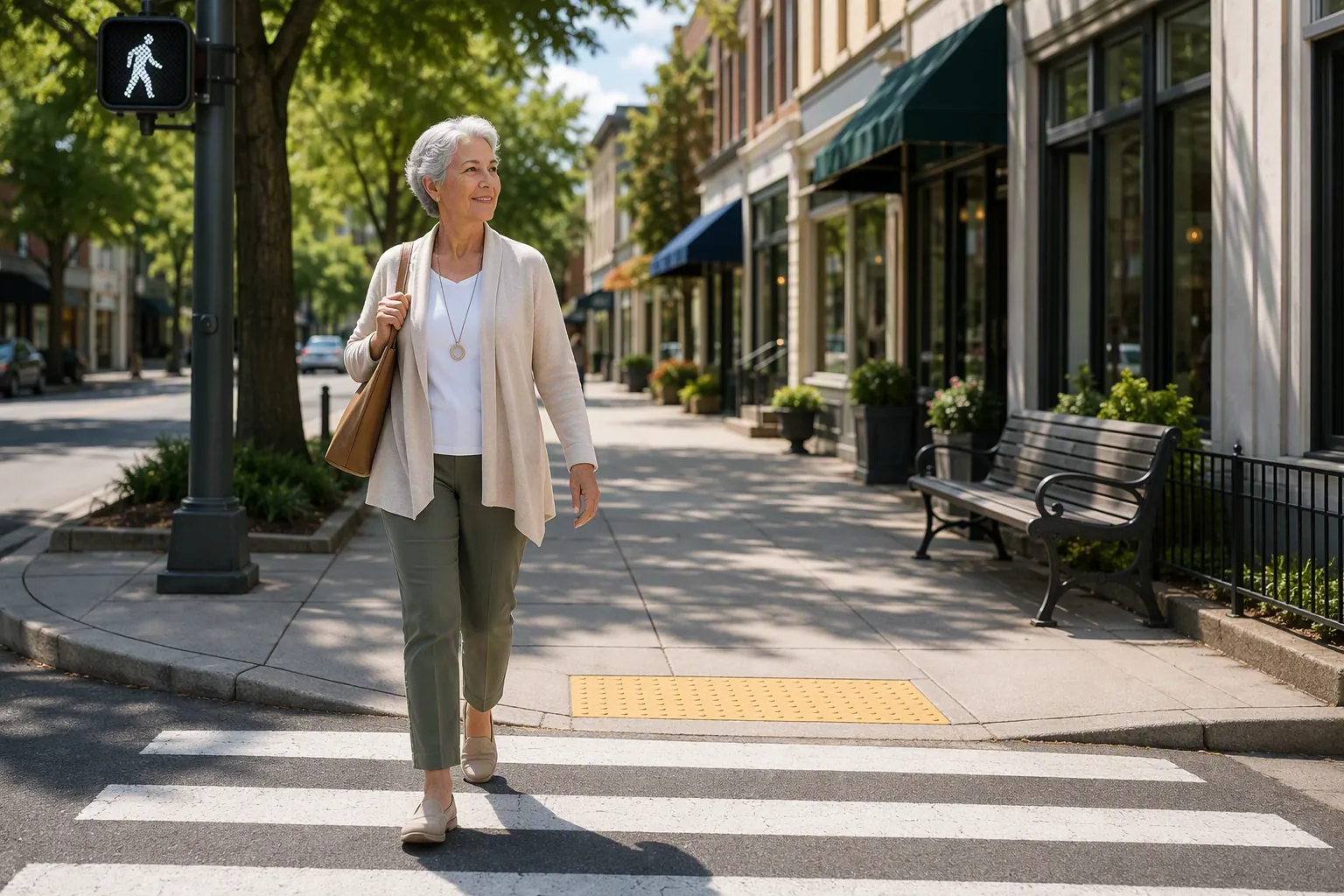 Older woman walking along a bright downtown sidewalk with a curb ramp, crosswalk, pedestrian signal, storefronts, and bench