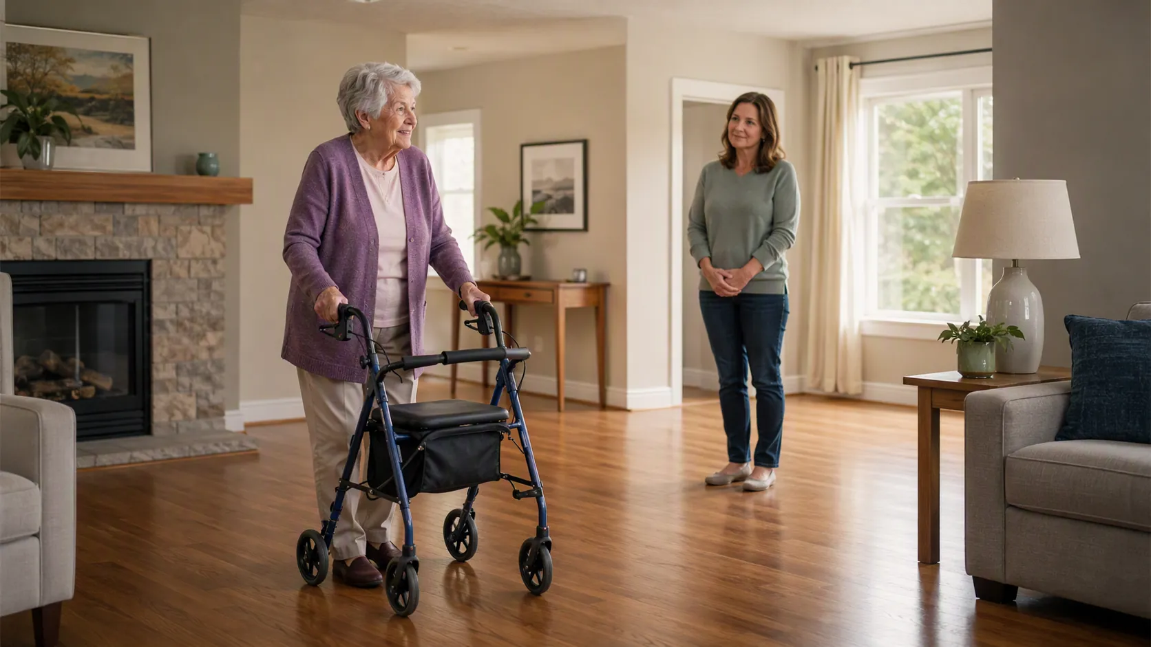 Elderly woman using a rollator walker in a clutter-free living room while her adult daughter watches nearby