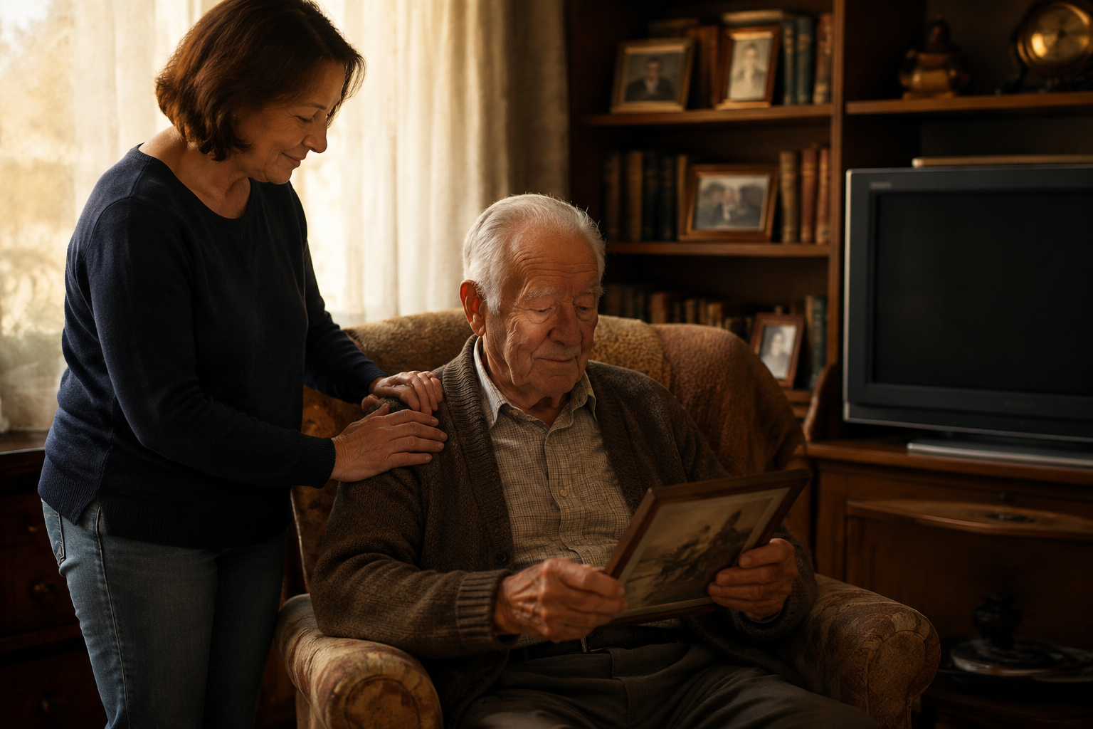 An elderly person holding a framed vintage photograph while an adult child offers comfort in a warm living room
