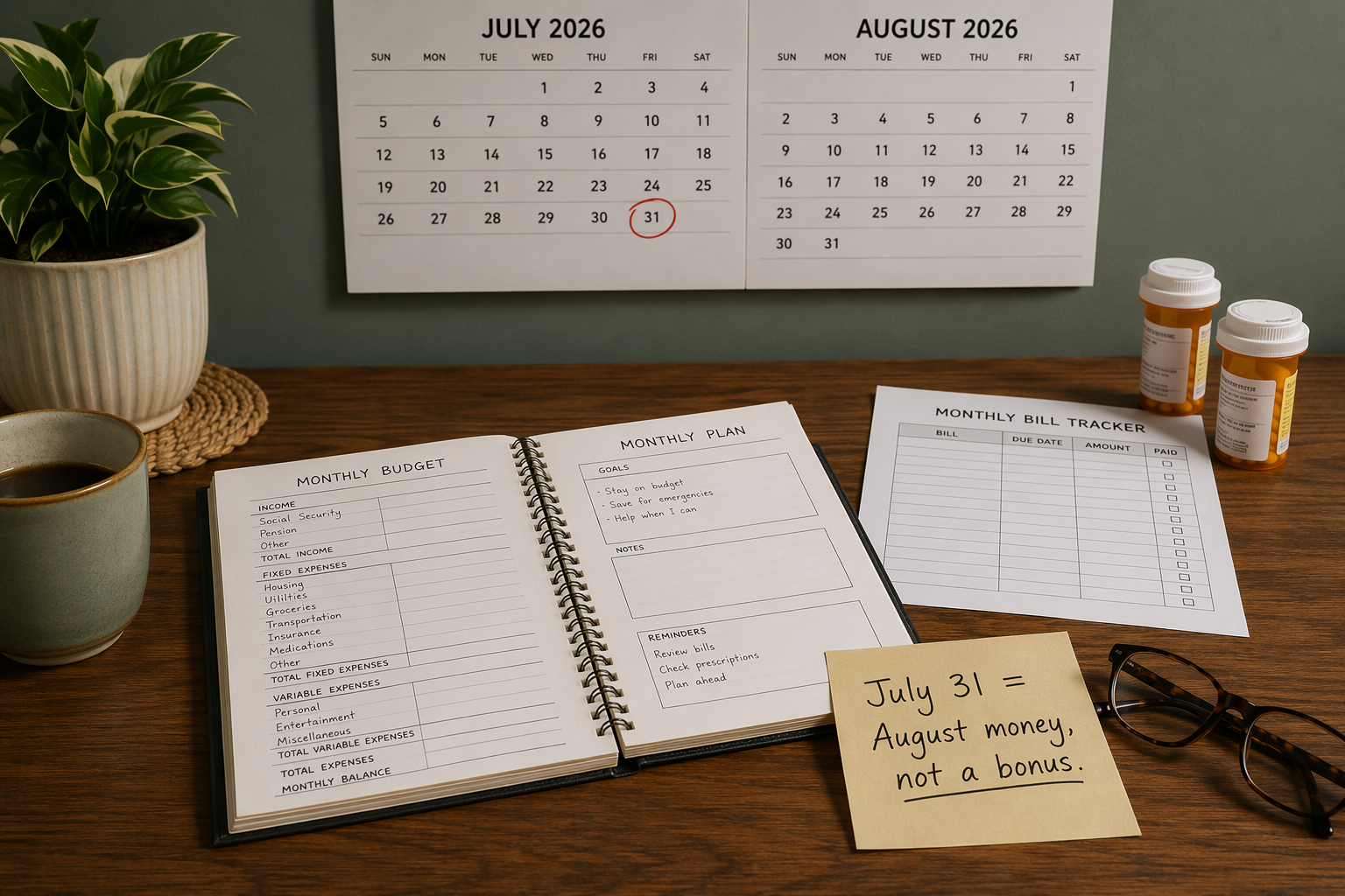 Kitchen table with a budget planner, prescription bottles, reading glasses, and a calendar noting that July 31 is August money, not a bonus