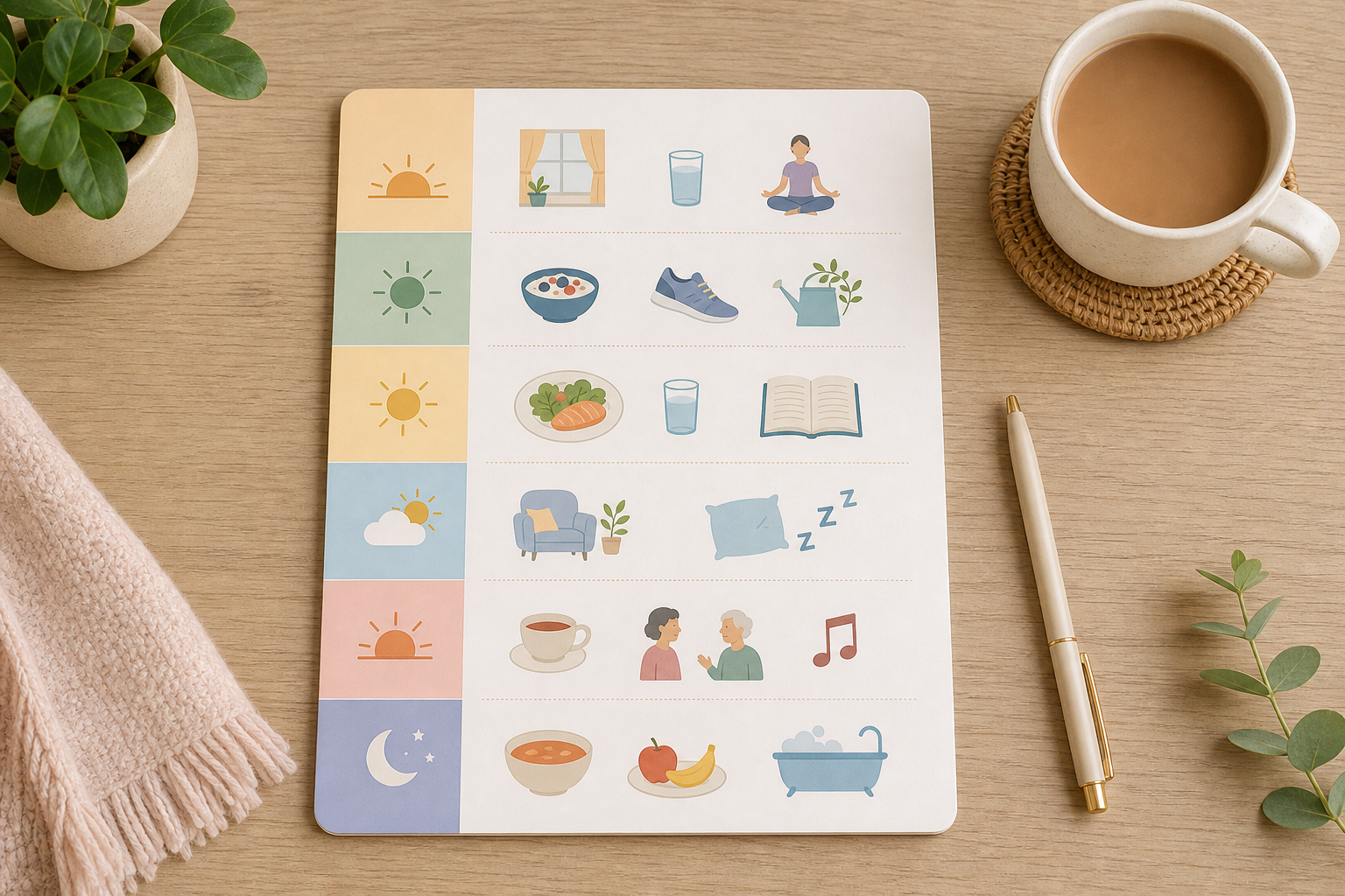 A clean daily planner layout on a wooden table showing a morning-to-evening routine with symbolic icons for meals, activity, and rest, with a cup of tea nearby.