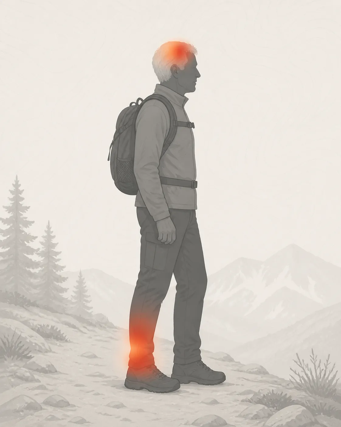 Illustration of a hiker with highlighted ankle, lower leg, and head injury zones