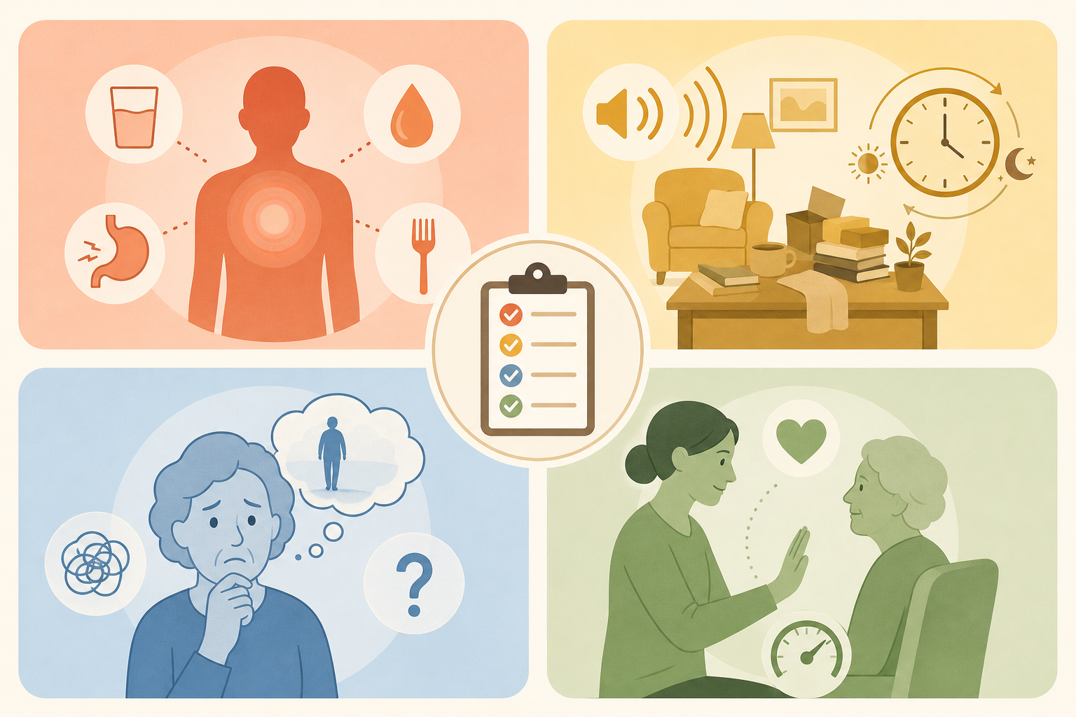 A four-zone illustration with icons representing the four categories of agitation triggers: physical discomfort, environmental factors, emotional and psychological factors, and caregiver-related factors.