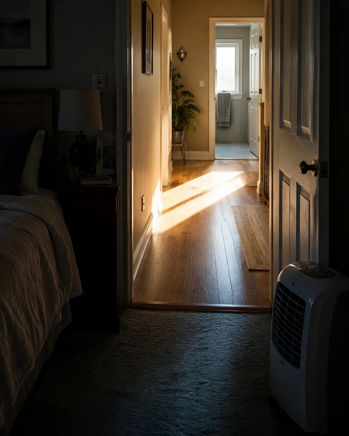 Bedroom doorway leading through a warm hallway toward a bathroom with a small cooler near the threshold