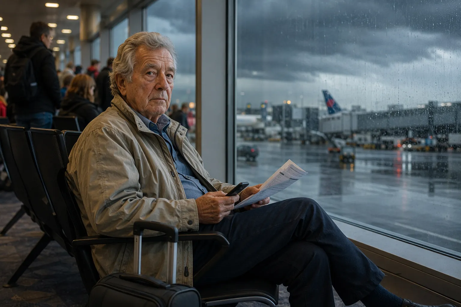 Elderly man sitting alone at an airport gate during a storm delay with phone and printed documents