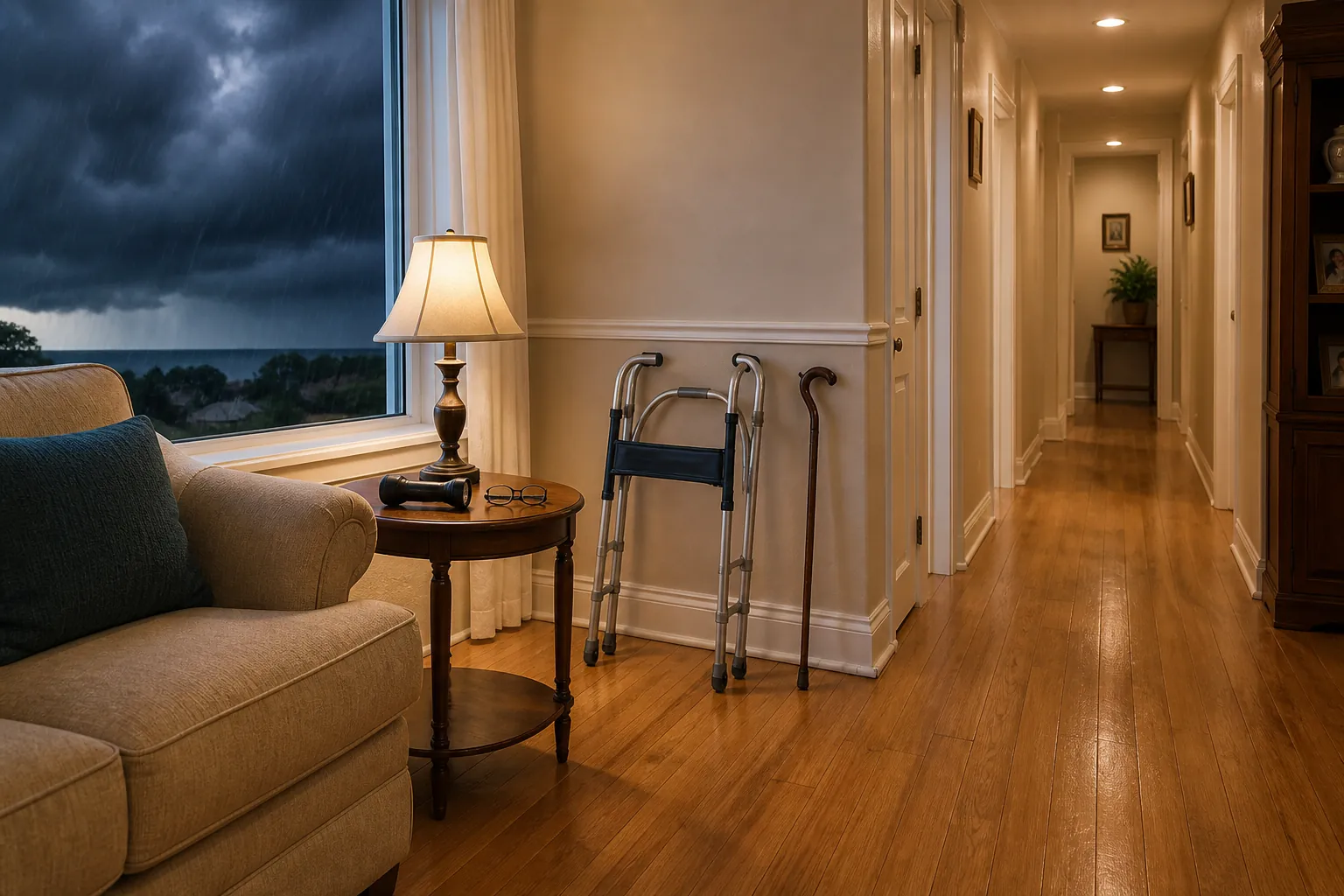 Well-lit, obstacle-free living room and hallway with mobility aids and storm clouds outside