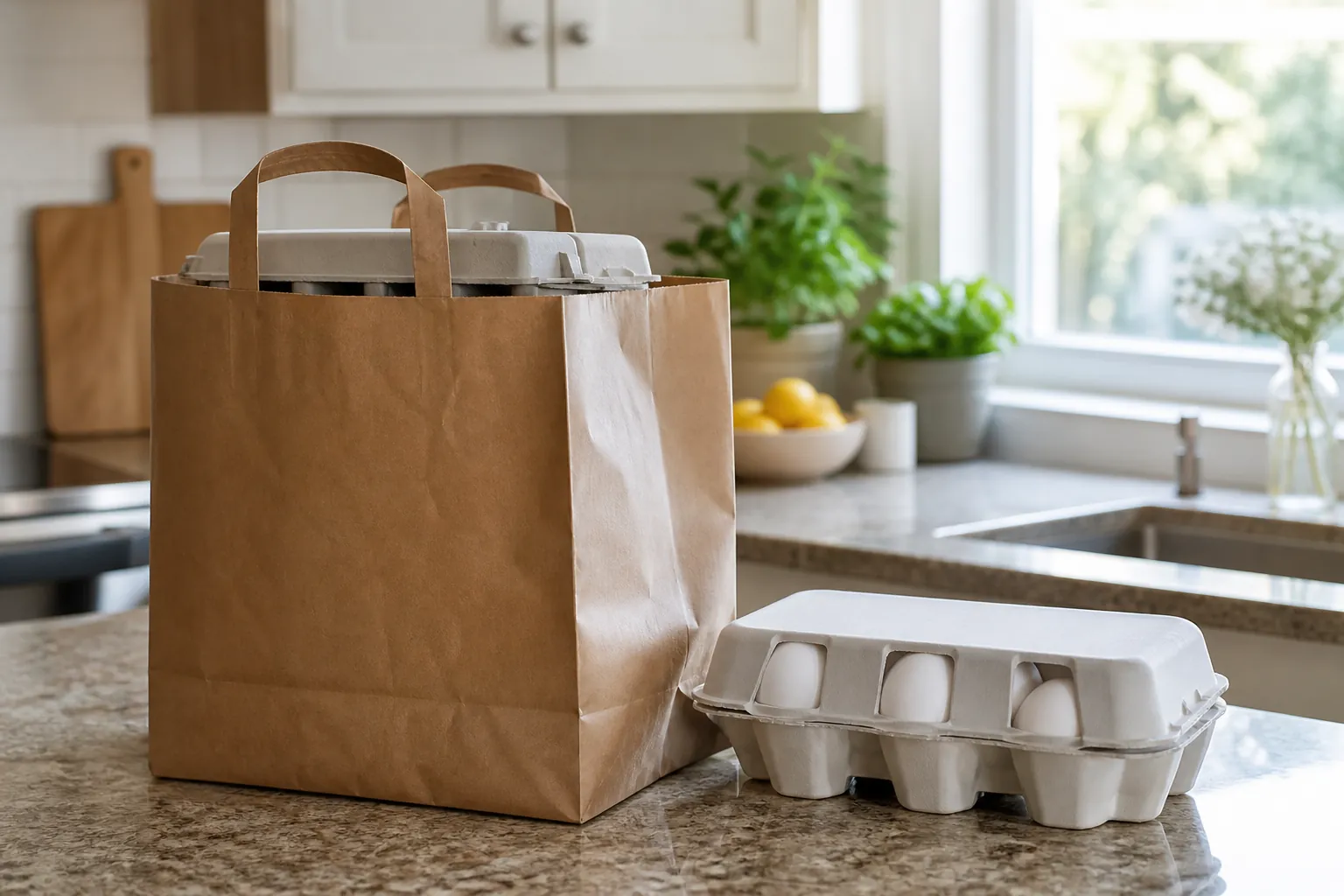 Recalled egg carton set aside in a paper bag with a fresh replacement carton beside it on a kitchen counter