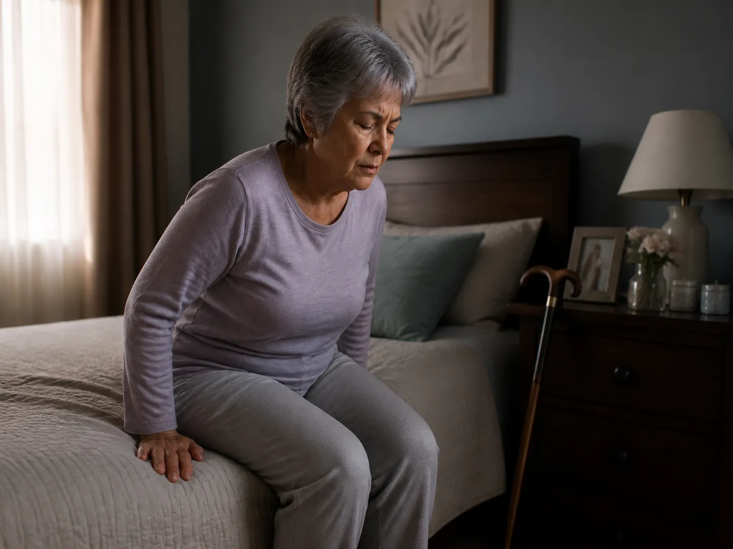Older woman sitting on the edge of a bed before standing, with a cane nearby