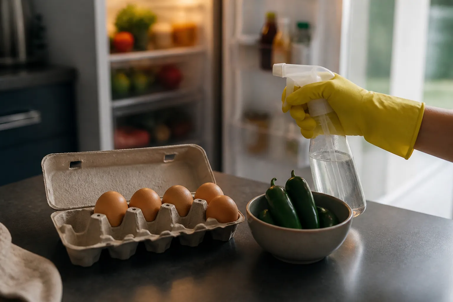 Open egg carton, bowl of jalapeño peppers, cleaning spray, and open refrigerator in a caregiver kitchen scene