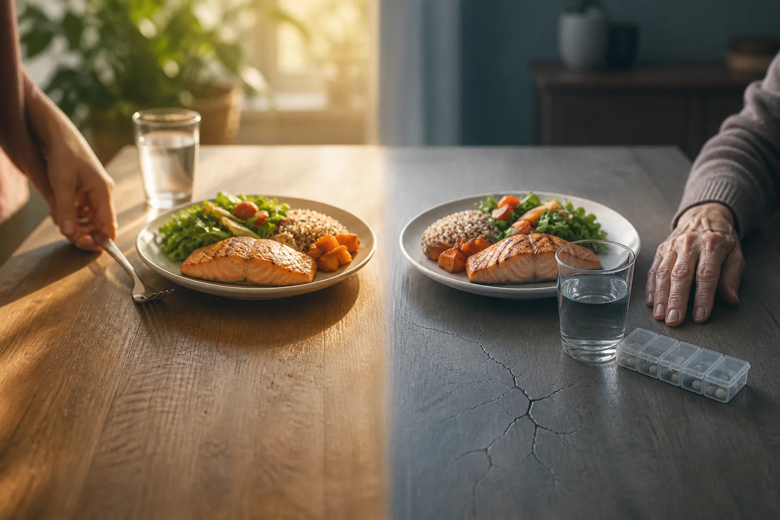 One meal shown beside a younger adult’s hand and an older adult’s hand with water and a pill organizer, suggesting that the same exposure can affect bodies differently