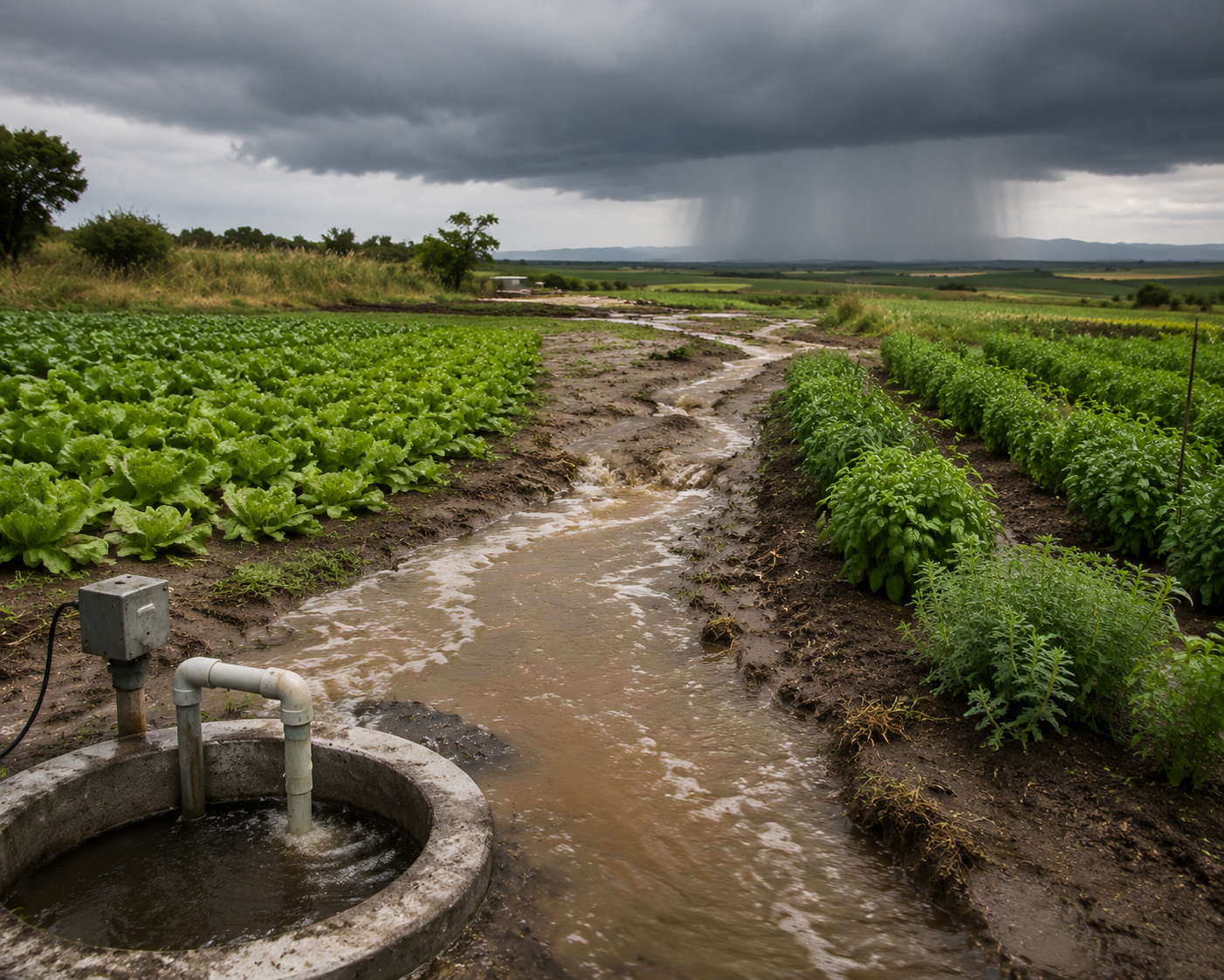 Runoff water moving across a field of leafy greens after rain