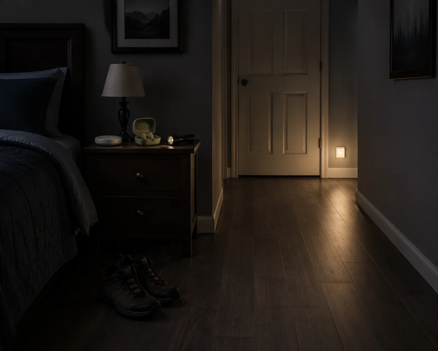 A dim bedroom prepared for evacuation, with sturdy shoes by the bed, a clear path to the door, backup lighting, hearing aid supplies, and a bed-shaker smoke alarm device.