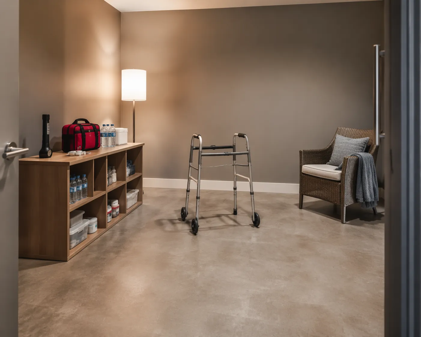 Safe room with walker access, clear floor space, and emergency supplies on a low shelf