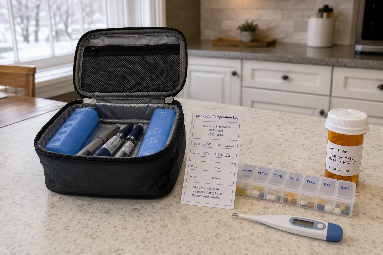 Insulated cooler bag with ice packs and insulin pens beside a medication temperature log strip, pill organizer, prescription bottle, and thermometer on a kitchen counter