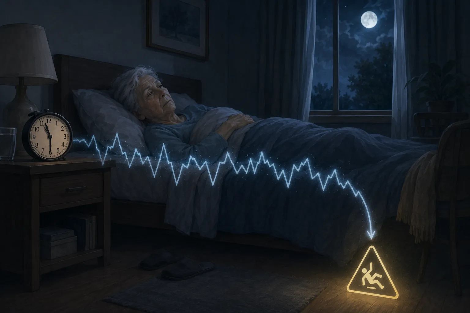 Older adult lying awake in a bedroom with a clock and a subtle circadian rhythm pattern