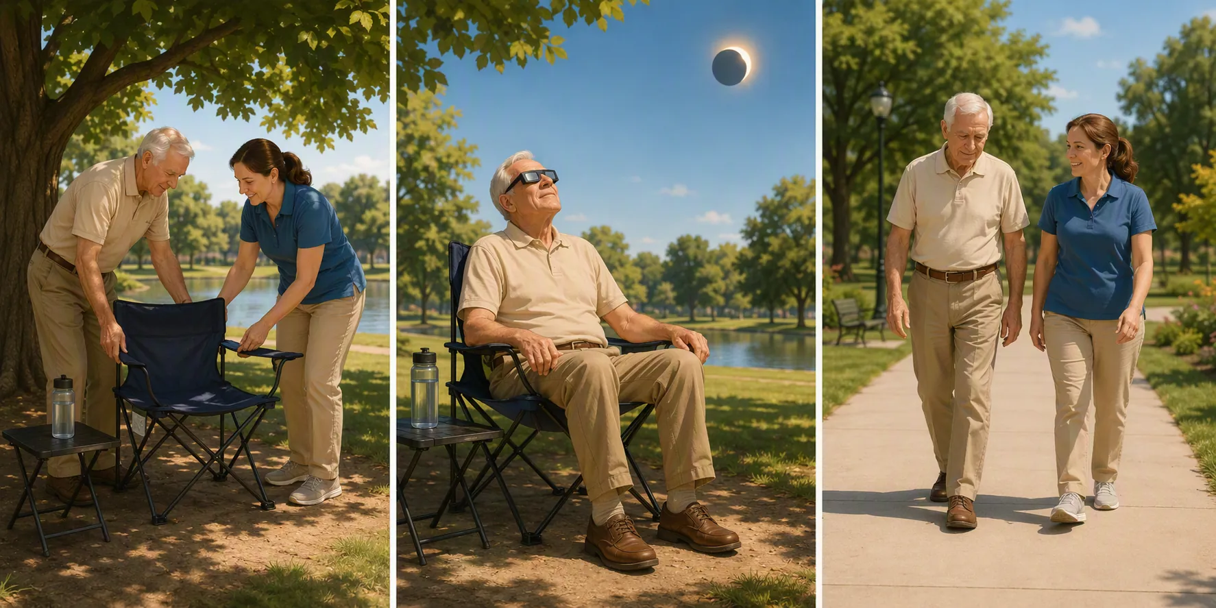 Three-panel sequence showing a caregiver setting up a shaded chair, an older man seated for a brief eclipse look, and both walking on an even path afterward