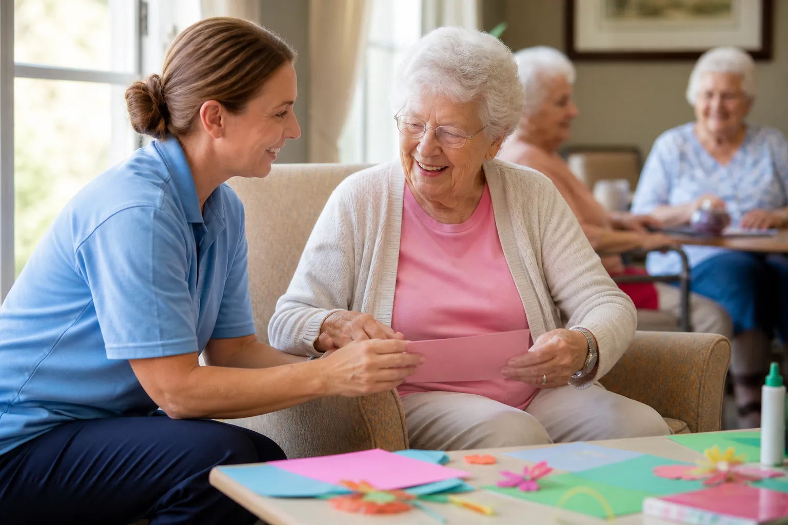 Senior living staff member engaging one-on-one with an older resident during a simple craft activity