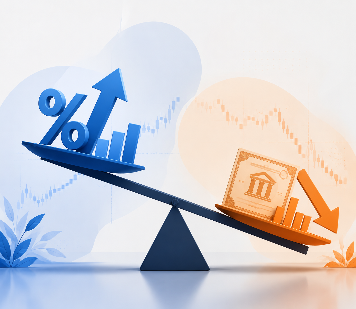 Illustration of a balance scale showing the inverse relationship between interest rates and bond prices