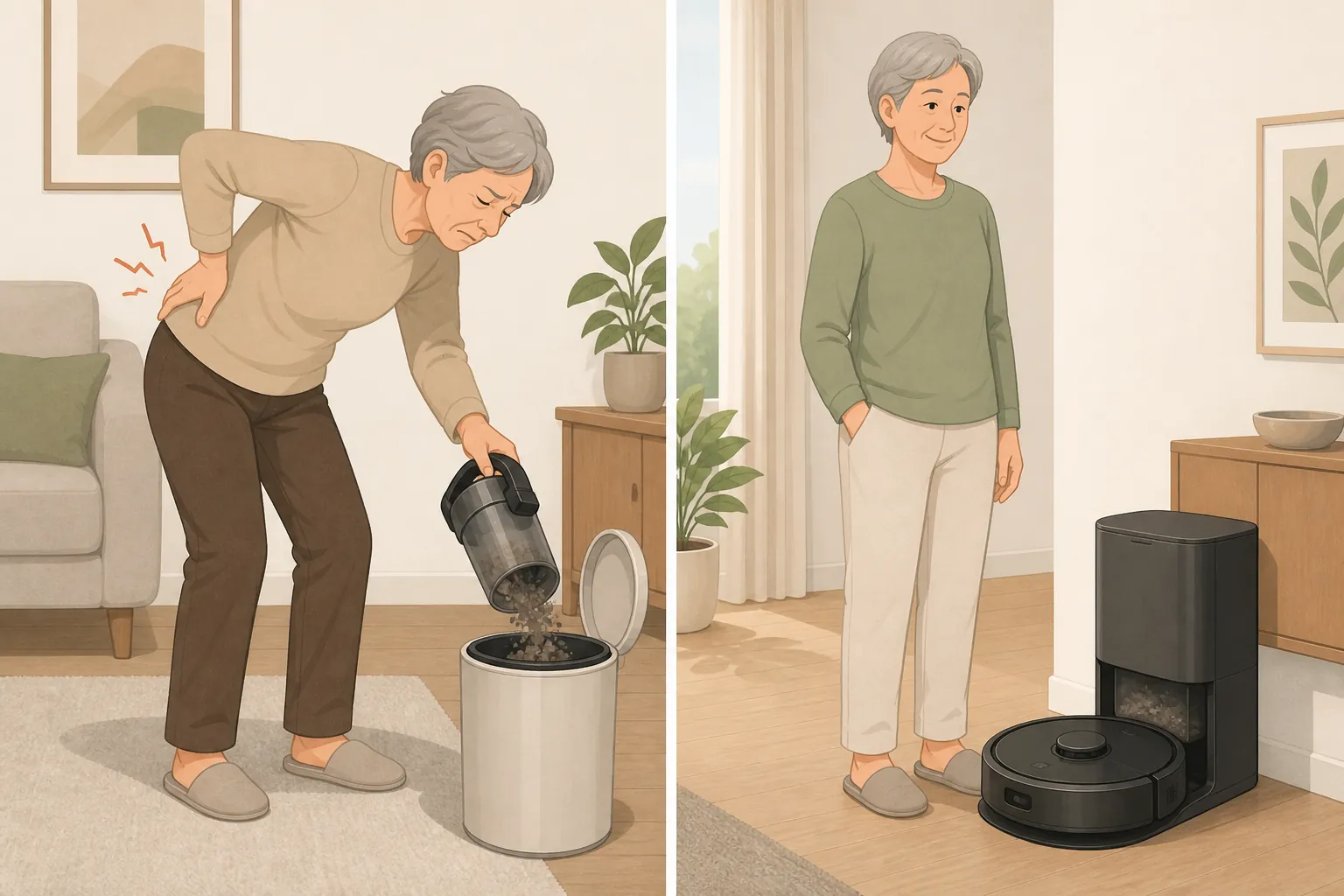 Before and after illustration comparing bending to empty a dustbin with a robot vacuum docking into a self-emptying base