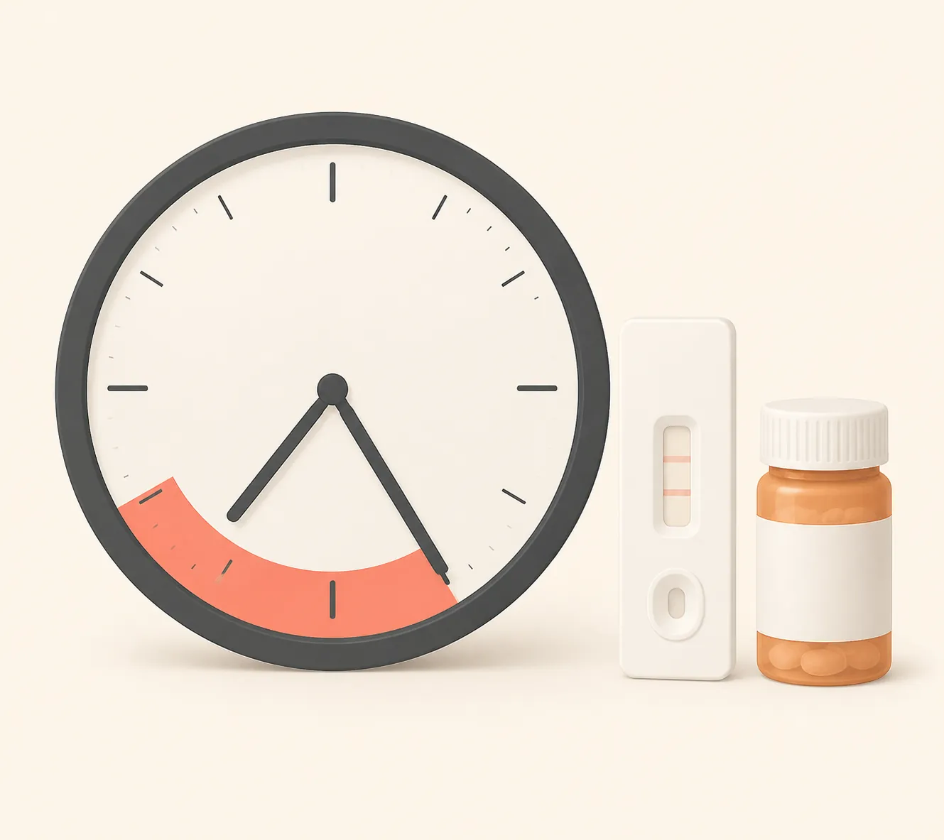 Clock highlighting a five-to-seven-day treatment window beside a rapid test and pill bottle