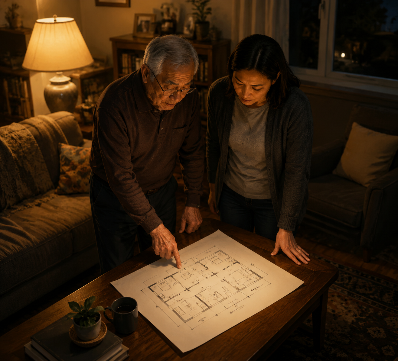 Adult child caregiver and elderly parent reviewing a hand-drawn floor plan in a dim living room