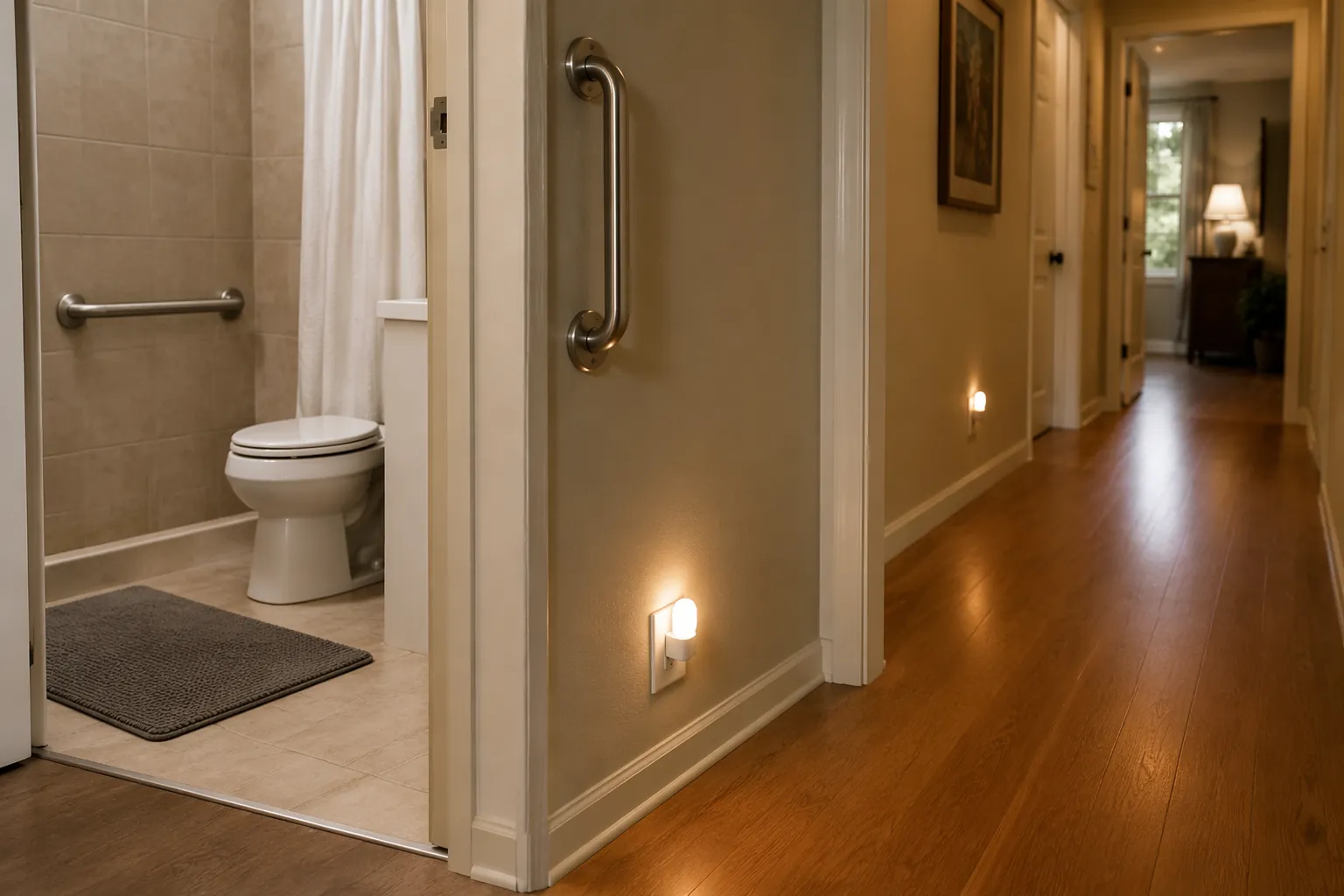 Bathroom doorway with grab bar, non-slip mat, nightlight, and clear hallway