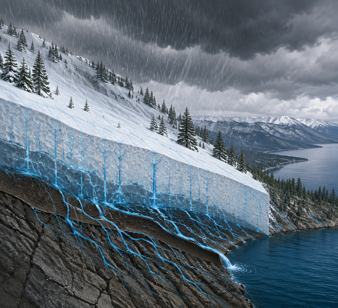 Illustration of warm rain moving through Sierra snowpack toward a lake