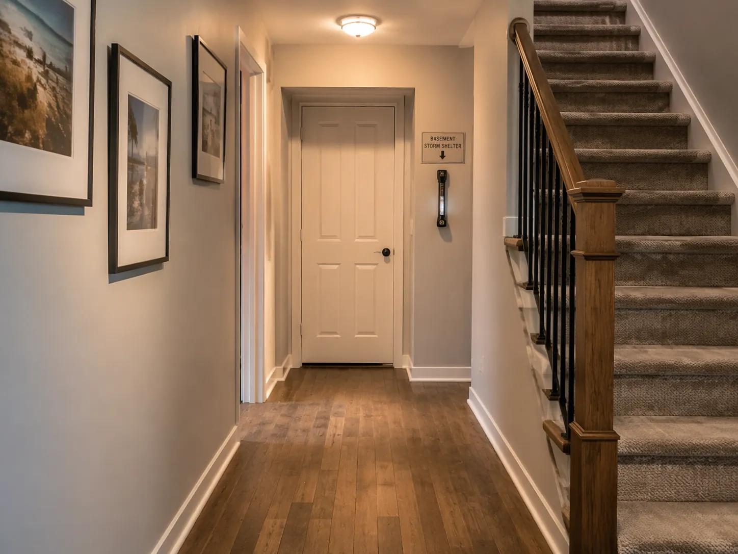 Clear hallway leading to a basement storm shelter door with a wall-mounted LED flashlight