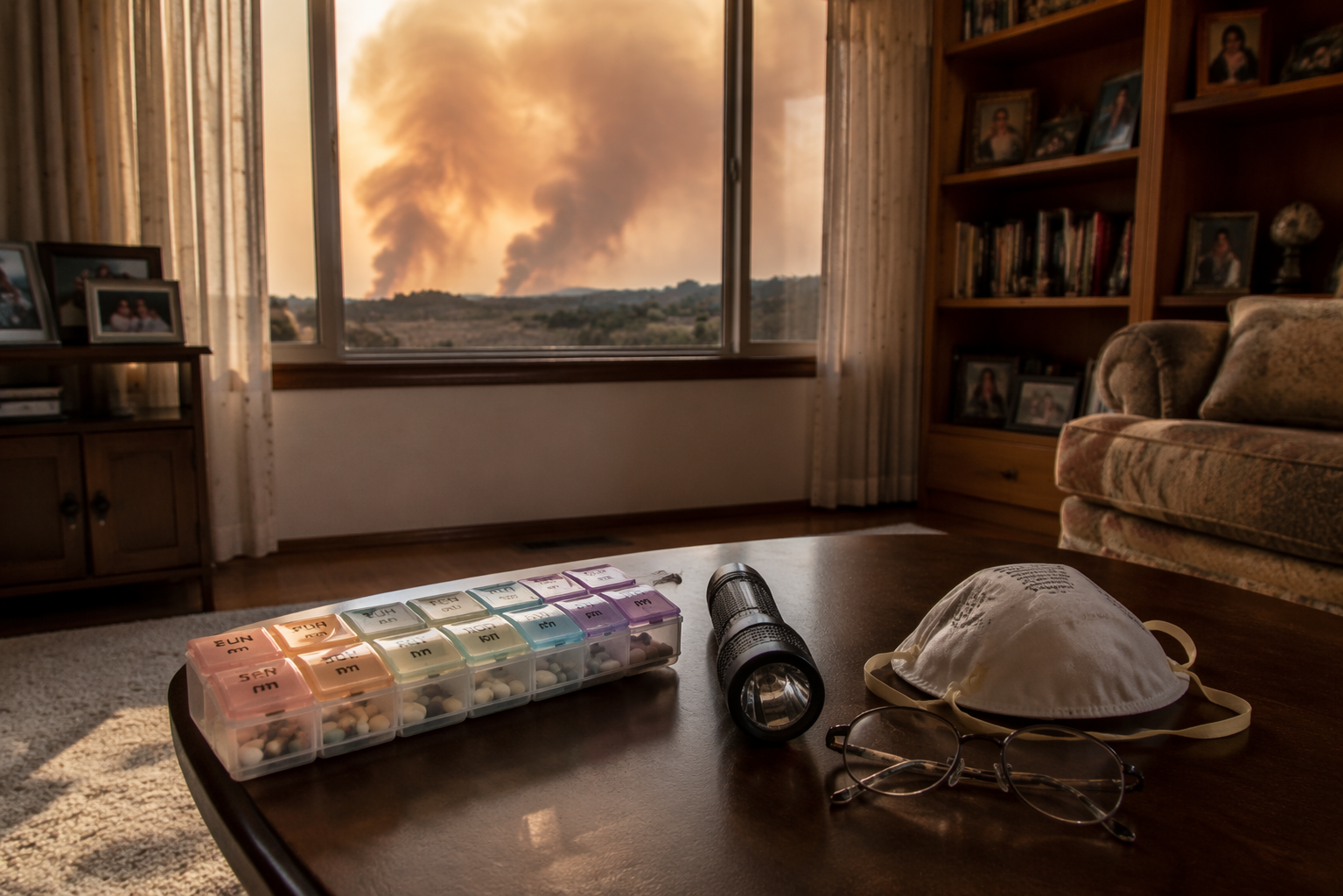 A senior living room with a pill organizer, flashlight, reading glasses, and N95 mask, with wildfire smoke visible through the window.
