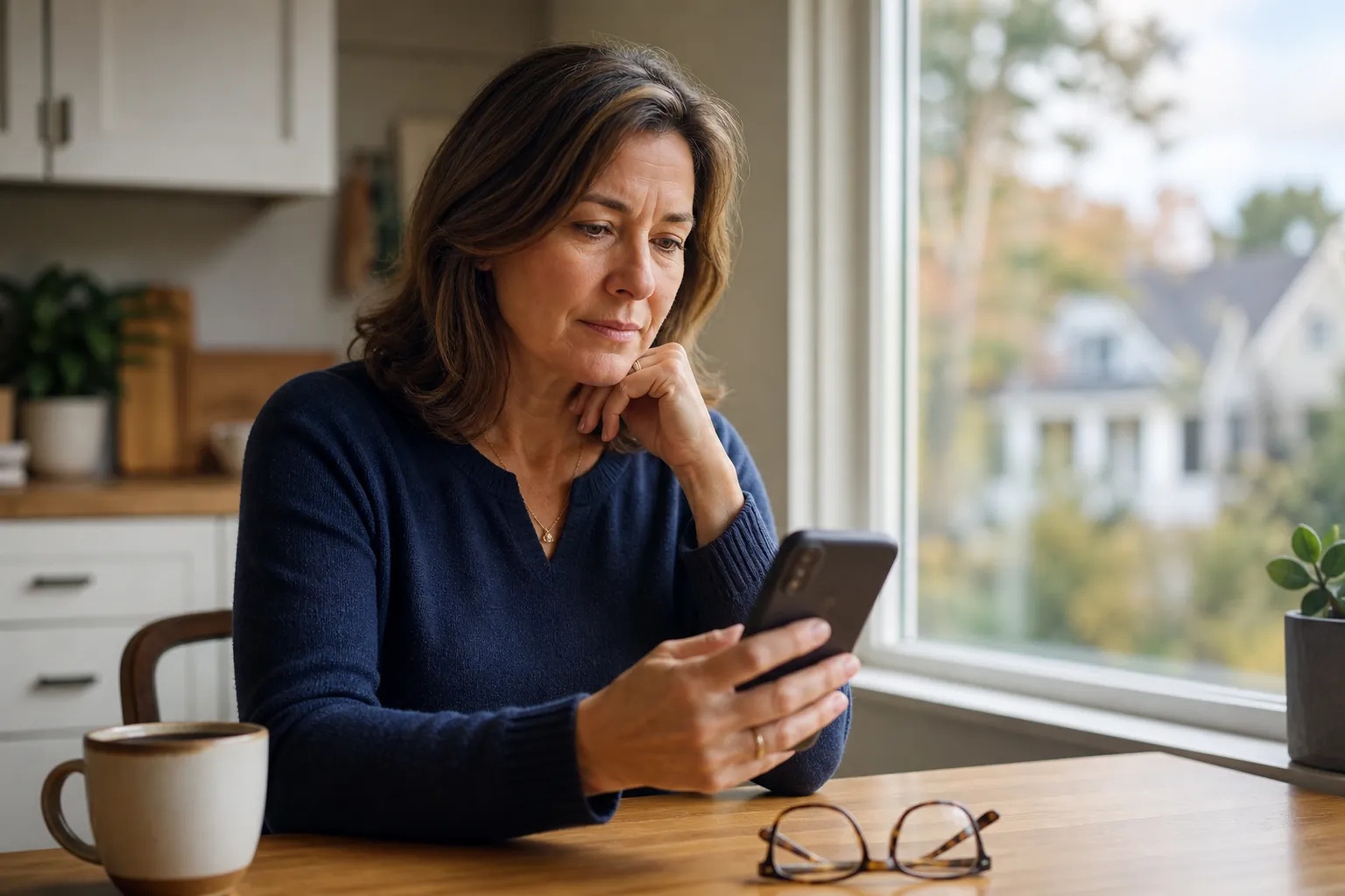 A middle-aged woman checks her smartphone at a kitchen table while thinking about a parent living elsewhere