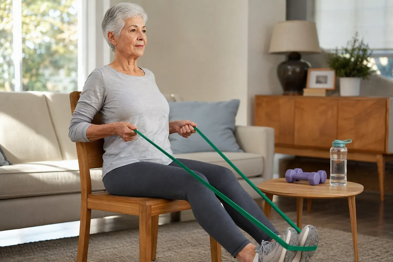 Older woman seated on a wooden chair doing a resistance-band row in a bright living room