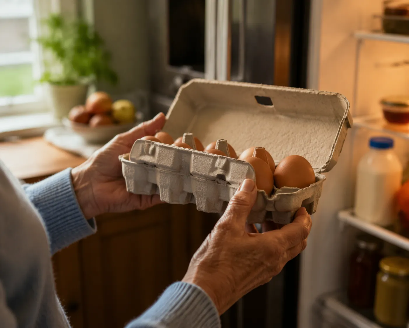 Older adult checking the stamped code on an egg carton near a refrigerator