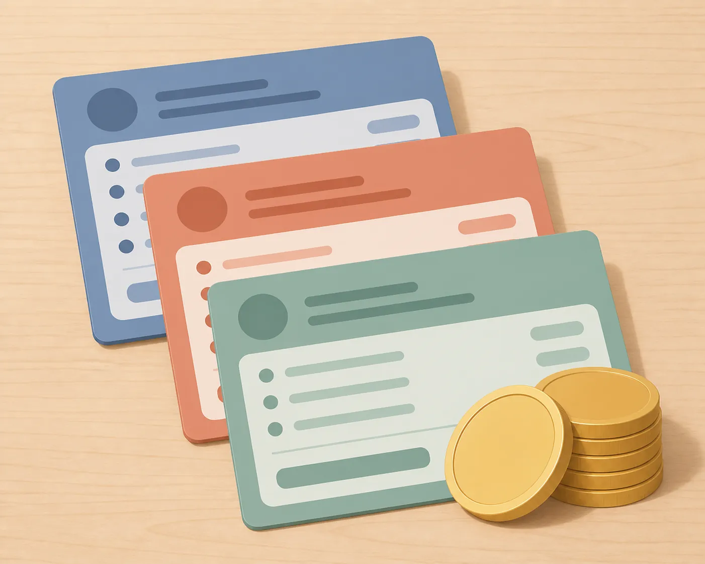 Stacked monthly statement cards and coins showing combined household costs