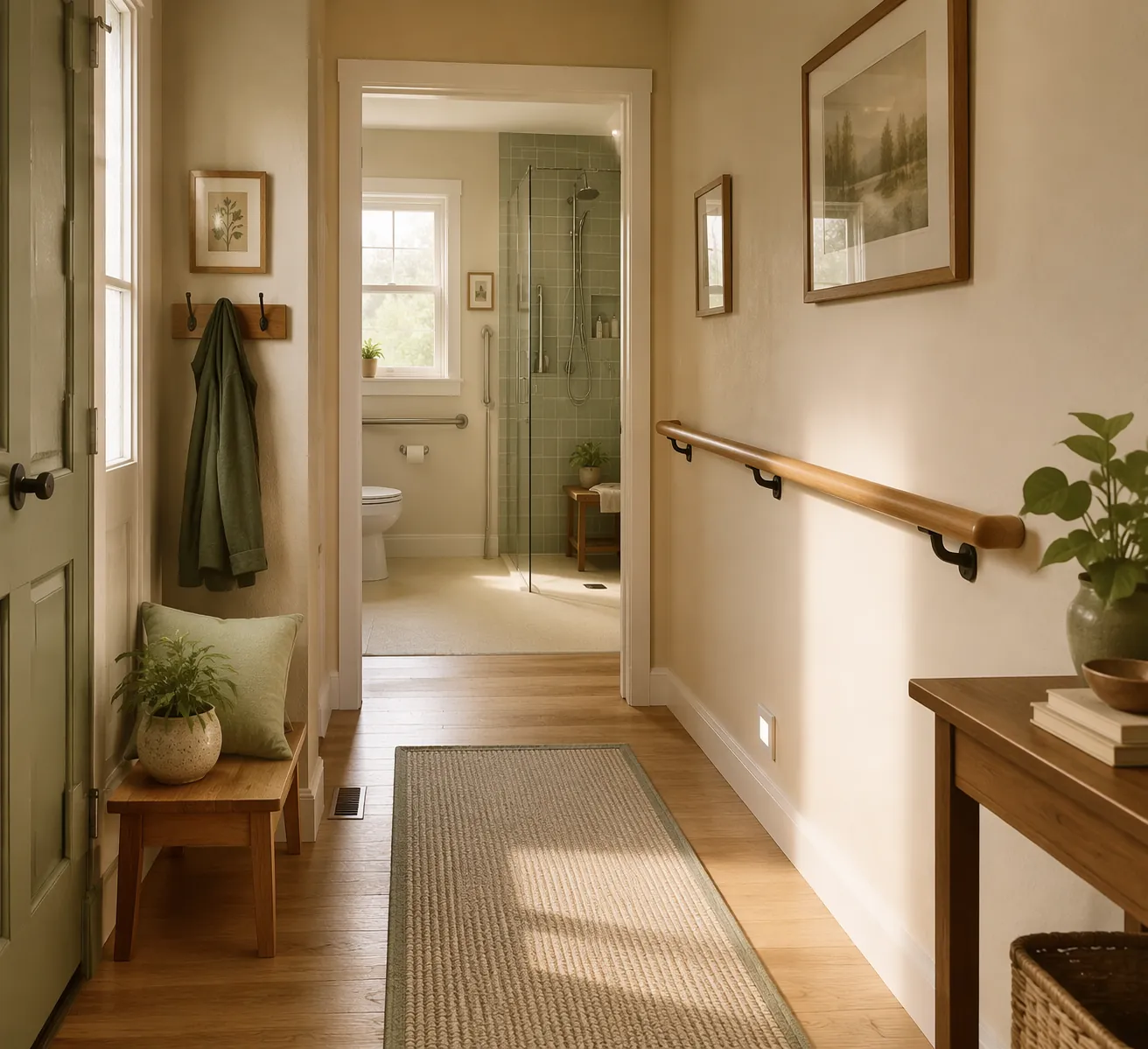 Safe aging-in-place hallway with handrail, nightlight, clear walkway, and bathroom grab bar