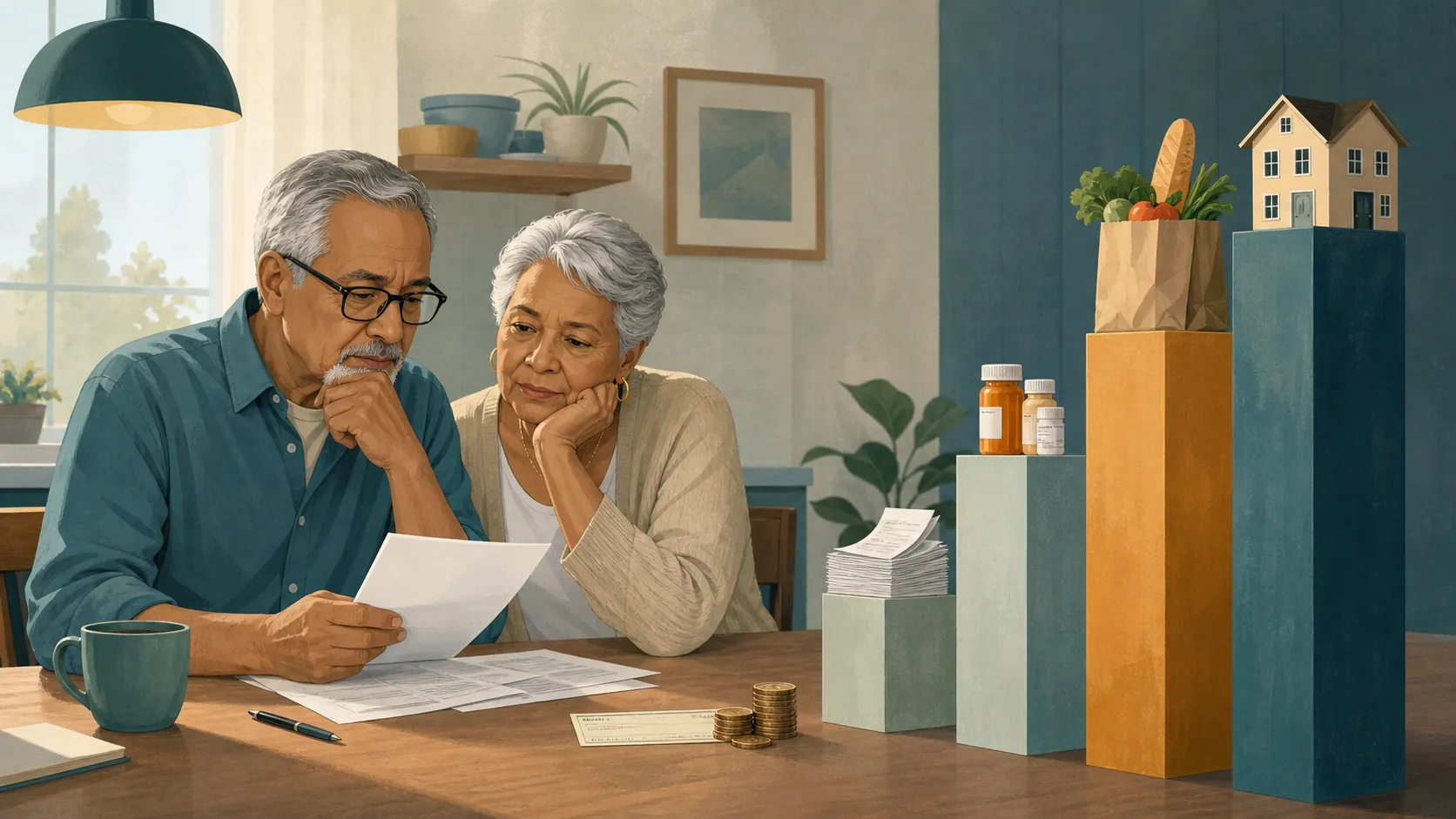 Senior couple comparing a modest Social Security check with rising household expenses