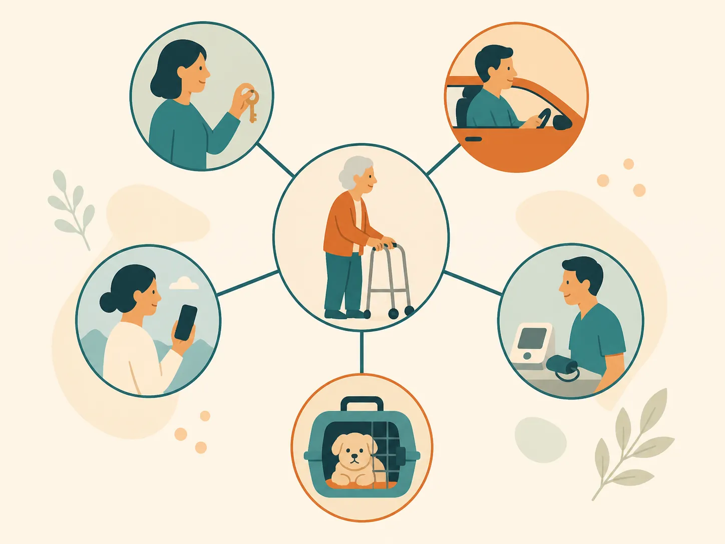 Support network diagram around an older adult with roles for a neighbor, driver, distant contact, medical-device helper, and pet helper