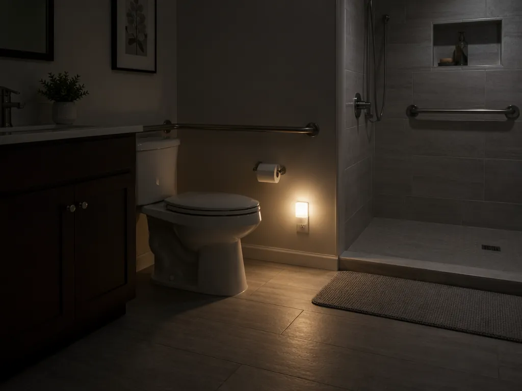 Accessible bathroom with visible grab bars, non-slip mat, and low nightlight near the floor